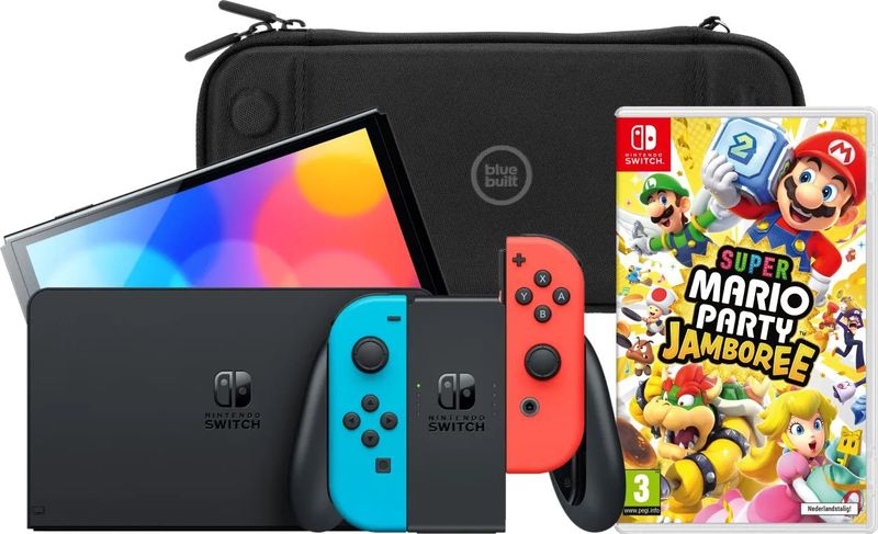 Nintendo Switch OLED Blauw/Rood + Mario Party Jamboree + BlueBuilt Beschermhoes