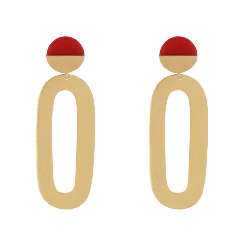 Boucles d'Oreilles Laiton Doré Petit Disque Coloré et Grand Ovale Ajouré