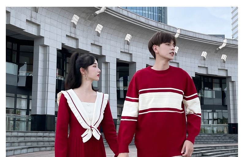 Azure - Matching Mock Two-Piece Midi Knit Dress met Puff-Sleeve en Tweekleurige Kunstparels / Lange Mouw Ronde Hals Gestreepte Trui / Middelhoge Rechte Broek