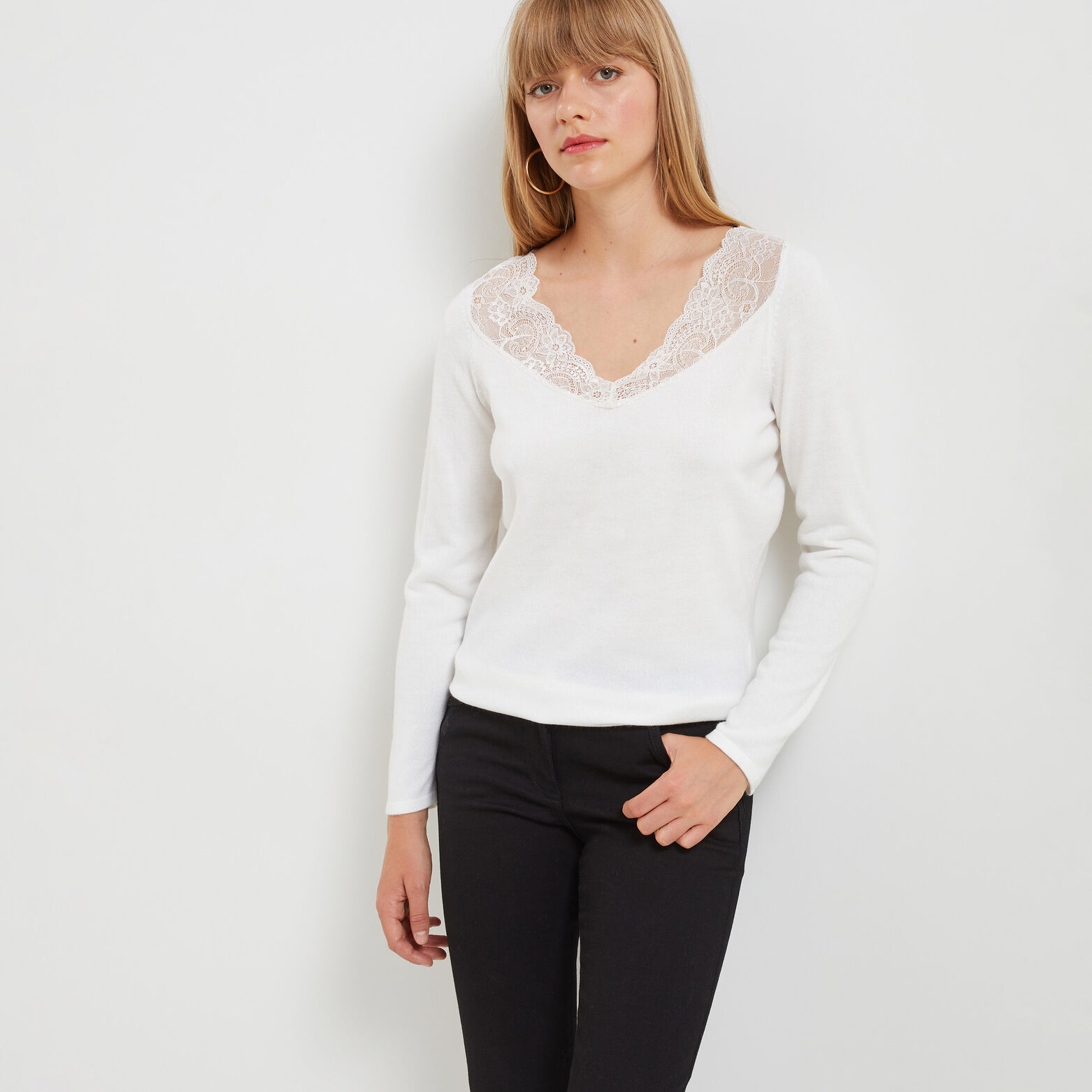 Pull col V dentelle femme