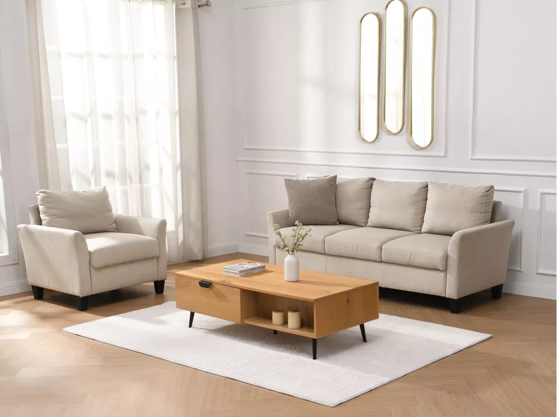 Table basse avec 2 tiroirs et 2 niches placage chêne et acier - Naturel clair et Noir - SINOLO