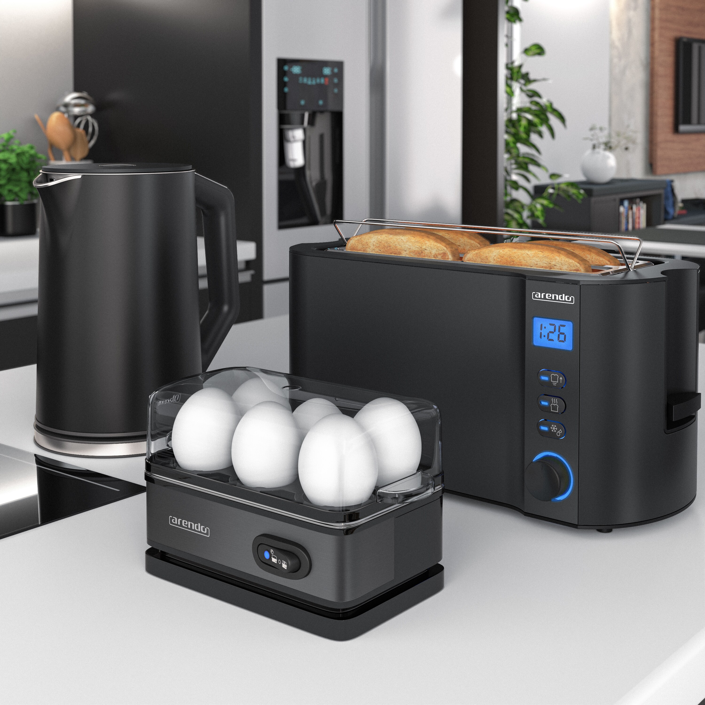 Arendo Frühstücks-Set Wasserkocher 1,5l, 4-Scheiben Toaster, 6er Eierkocher, Schwarz