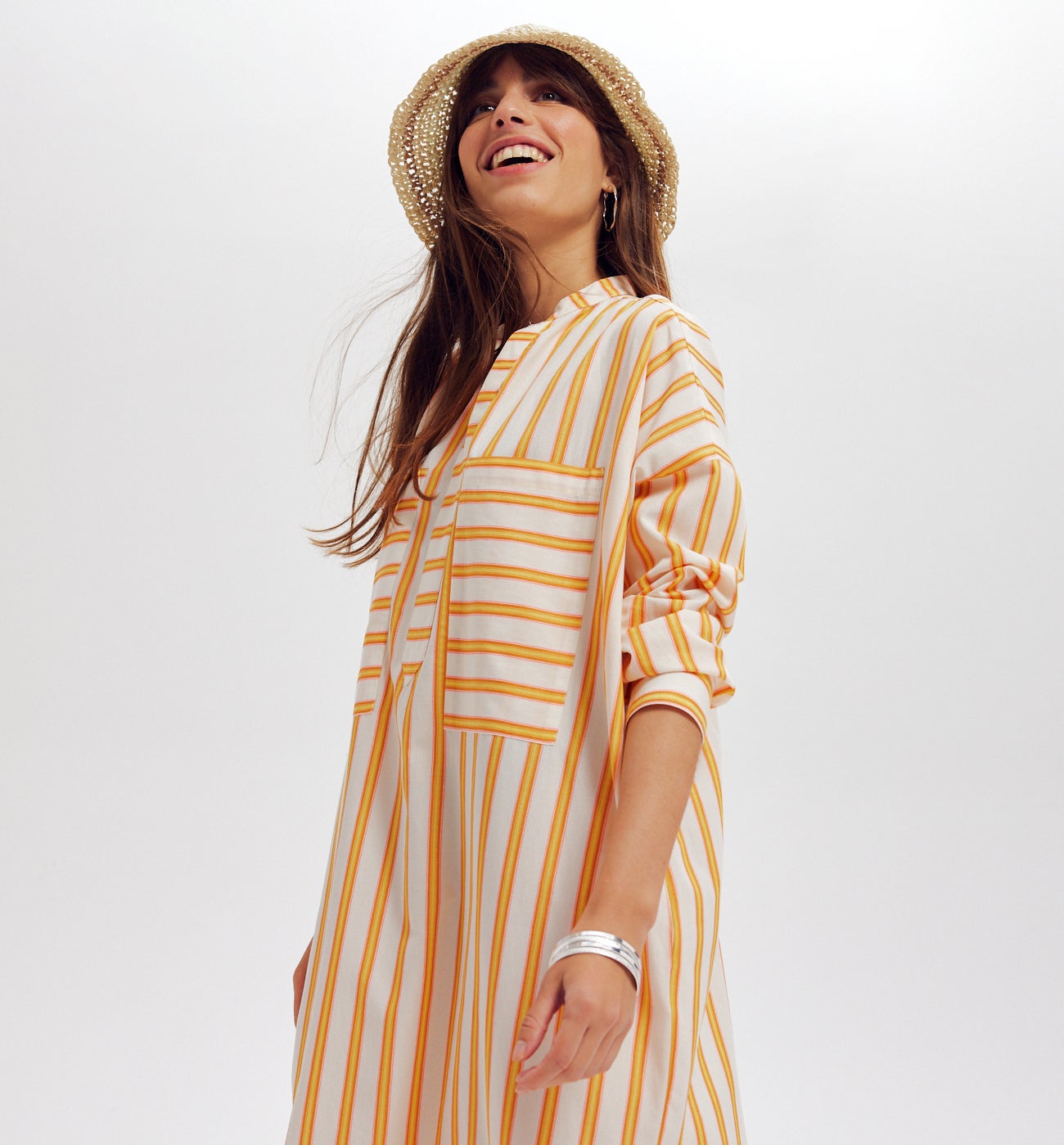 Robe caftan rayée Femme - Jaune moutarde