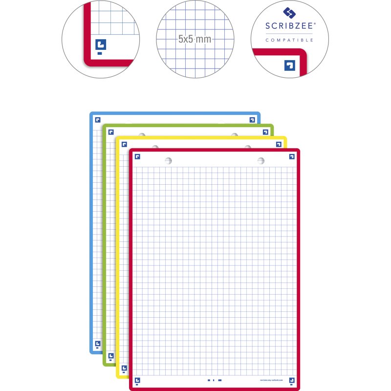 Fiche bristol 210 x 148 mm quadrillée 5 x 5 perforée couleurs assorties Oxford Révision 2.0 - Sachet de 32