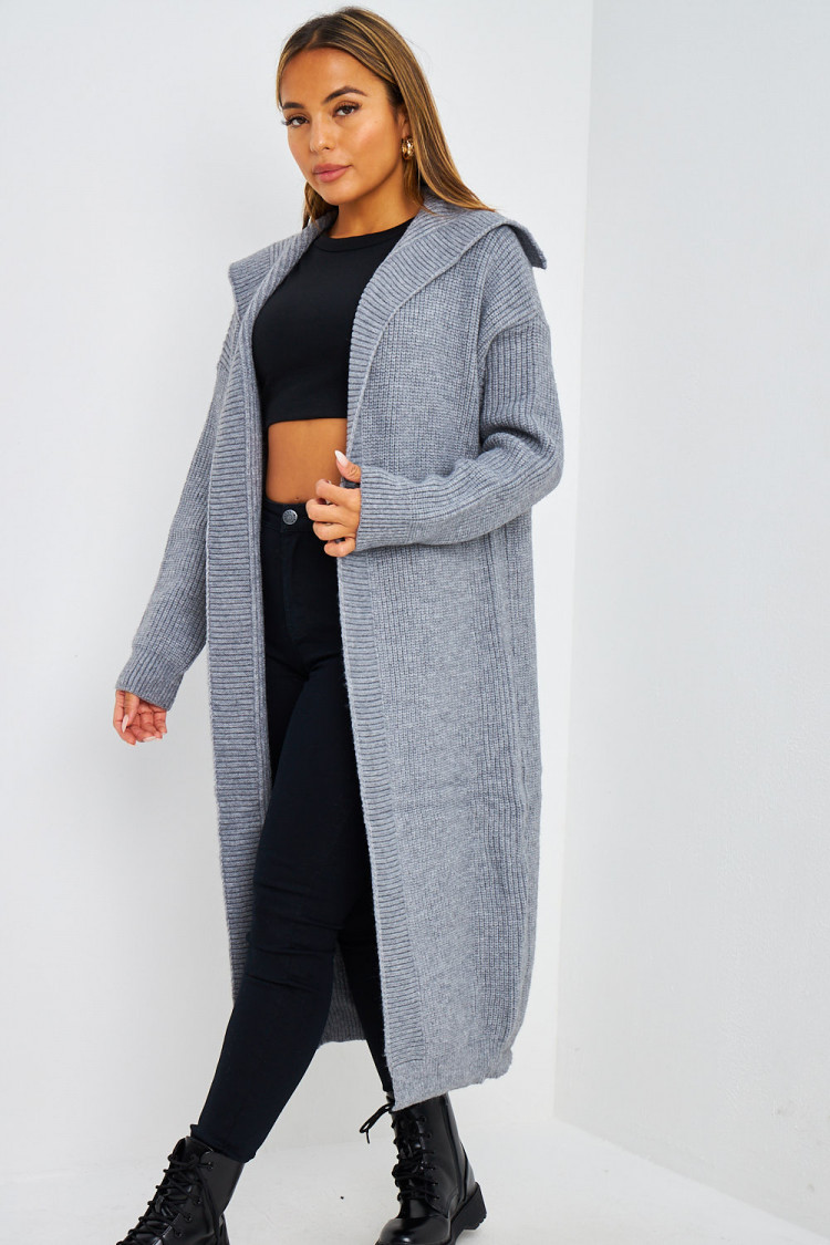 Gilet long EPAIS ouvert gris en mailles