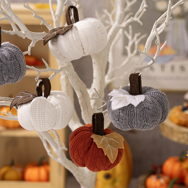 (Ø85x70mm) Strick Herbst Kürbis Deko Aufsteller Home Accessoire Thanksgiving Tischdekoration - Grau