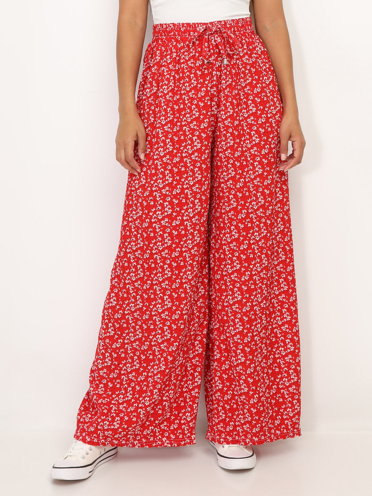 Pantalon plissé à motif floral- Rouge