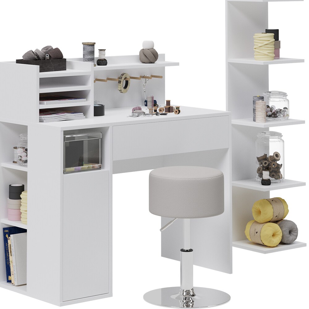Vicco Schreibtisch, Weiß, 3 Teile, mit Bücherregal und Hocker