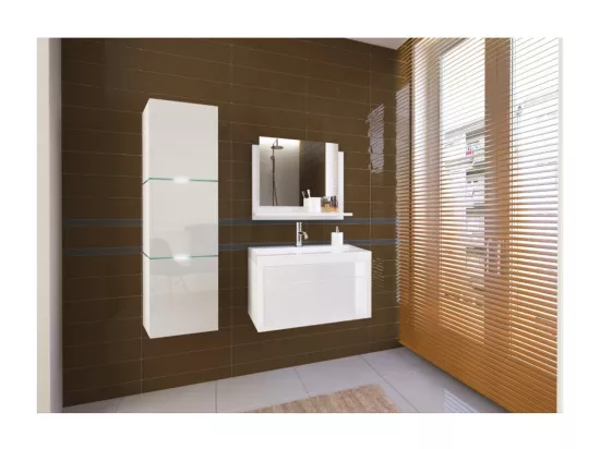 Ensemble meubles de salle de bain blanc collection OWL, colonne, meuble sous vasque 60 cm, miroir, siphon et LEDs