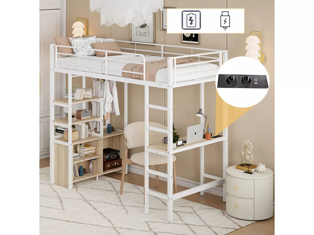 Lit mezzanine 90 x 200 cm avec bureau, prises USB, placard de rangement ouvert - Métal + MDF - Blanc (sans matelas)