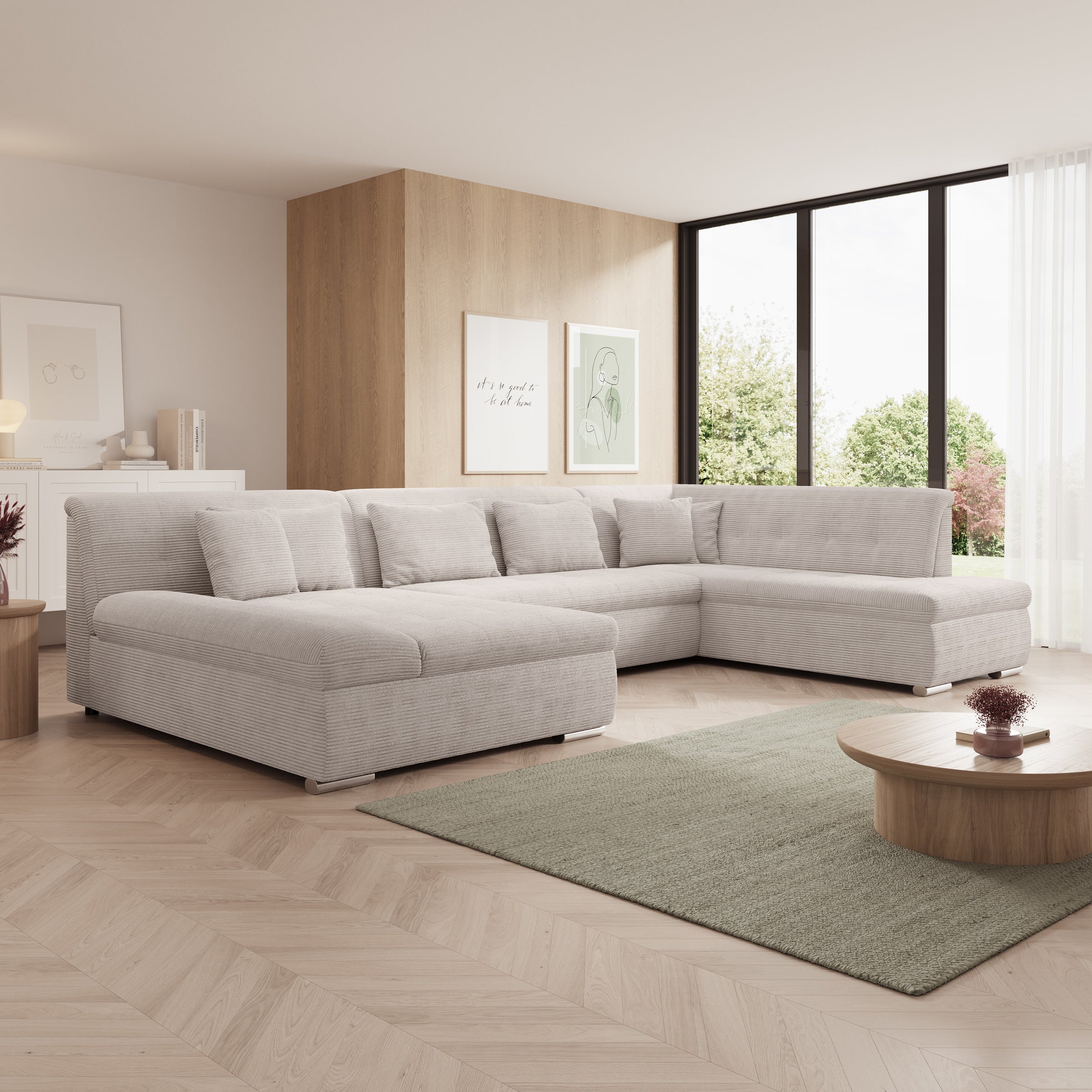 Alberta XL - Hoekbank 5-zits met slaapfunctie - Ribstof beige - Links - 346x207x80 cm
