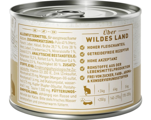 WILDES LAND natvoer voor katten, eend en kalkoen met veenbessen, met waardevolle superfoods, graanvrij, glutenvrij, 200 g
