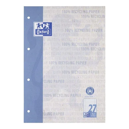 Oxford Recycling Schulblock A4, kopfgeleimt, 50 Blatt, Lineatur 27, 90 g/m², 4fach gelocht, Optik Paper®