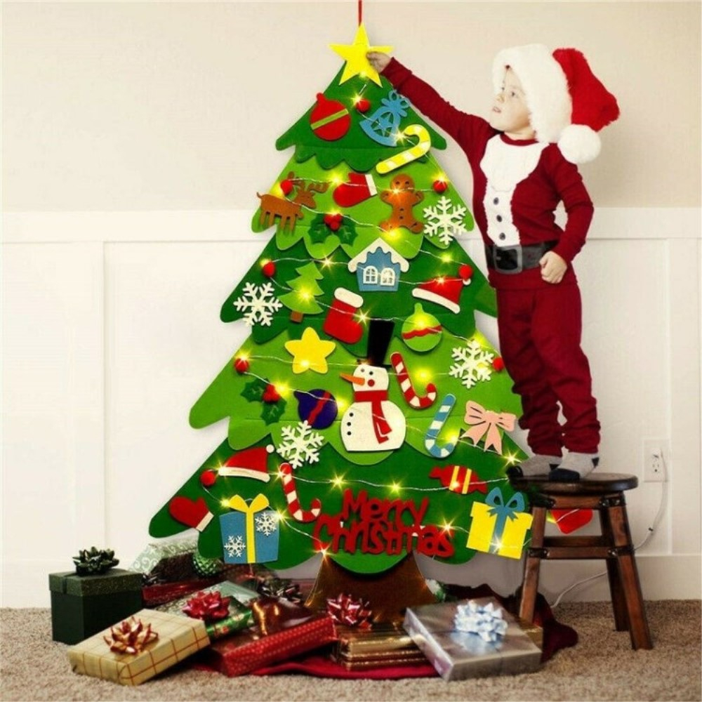 (34-tlg. Set) 98x70cm Kinder Spielzeug Christmas Tannenbaum Wand Deko Filz Weihnachtsbaum   Klett Figuren   LED Lichterkette