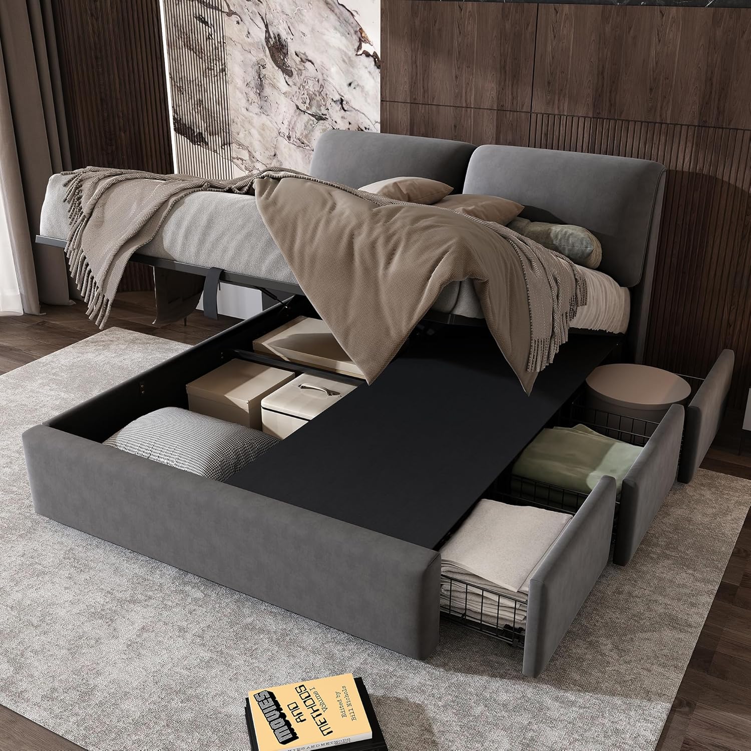 Polsterbett Doppelbett 140x200 cm mit 3 Stauraum Schublade, Bett mit Stauraum und Kopfteil, Stauraumbett mit Hydraulische Metallrahmen und Lattenrost aus Holz, Samt, Grau, Ohne Matratze