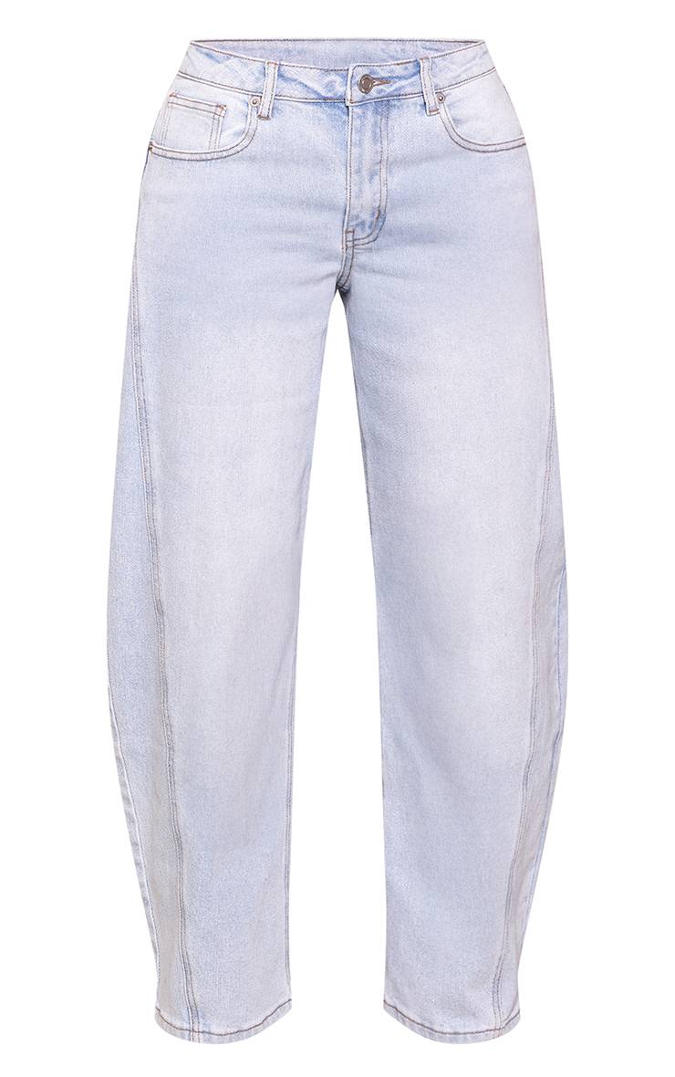 Light Blue Wash Jean Barrel Taille Mi-haute Stretch Bleu Clair Petite