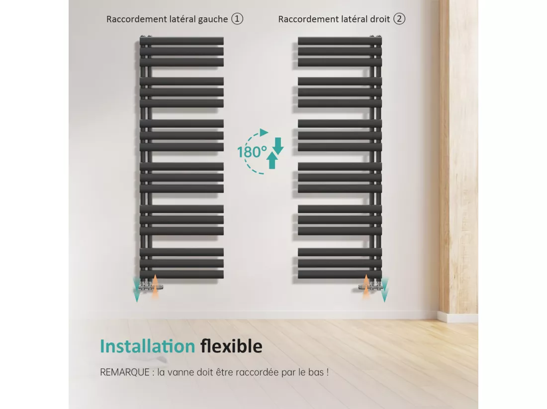 Sèche-serviette eau chaude EMKE raccord latéral radiateur sèche-serviettes anthracite 174 × 60 cm 408 watts