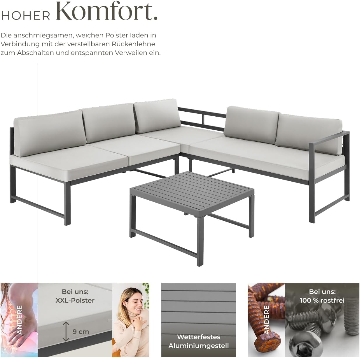 tectake® Gartenmöbel Set, 2X Sofa mit Kissen und Tisch, Sitzecke Outdoor Lounge mit Verstellbarer Rückenlehne, Möbel wetterfest für Balkon, Garten, Terrasse oder Wintergarten - hellgrau
