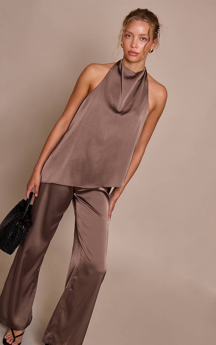 Marron Combinaison-pantalon Satinée Drapée À Col Licou Et Jambes Larges