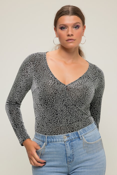 Body, Slim Shape, Leo mit Glitzer, V-Ausschnitt, Langarm