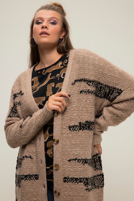 Strickmantel, oversized, Jacquardstrick, Fransensaum, V-Ausschnitt, Langarm