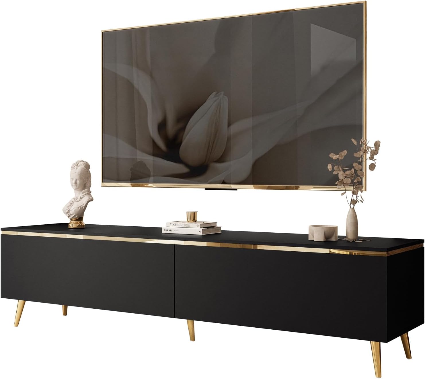 Lookway TV-Schrank Aurora Schwarz Matt 180 cm Hängeschrank Oder Auf Füßen Gold Dekorative Leiste Mit LED-Option Modernes Wohnzimmermöbel (mit LED Beleuchtung, Stehend- schräge Gold Chrom Beine Onyx)