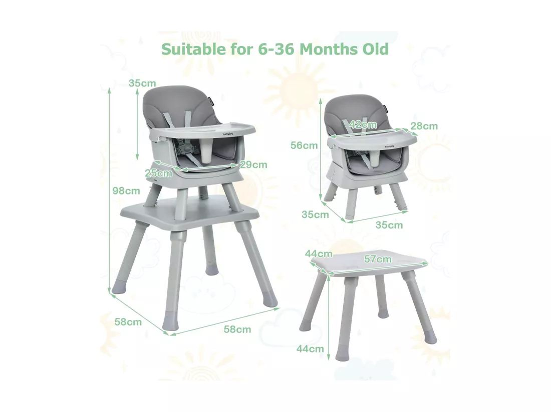 Chaise Haute Bébé Evolutive 6 en 1 avec Plateau Blocs de Construction Amovible Harnais à 5 Points,Charge 25kg,6-36 Mois Gris