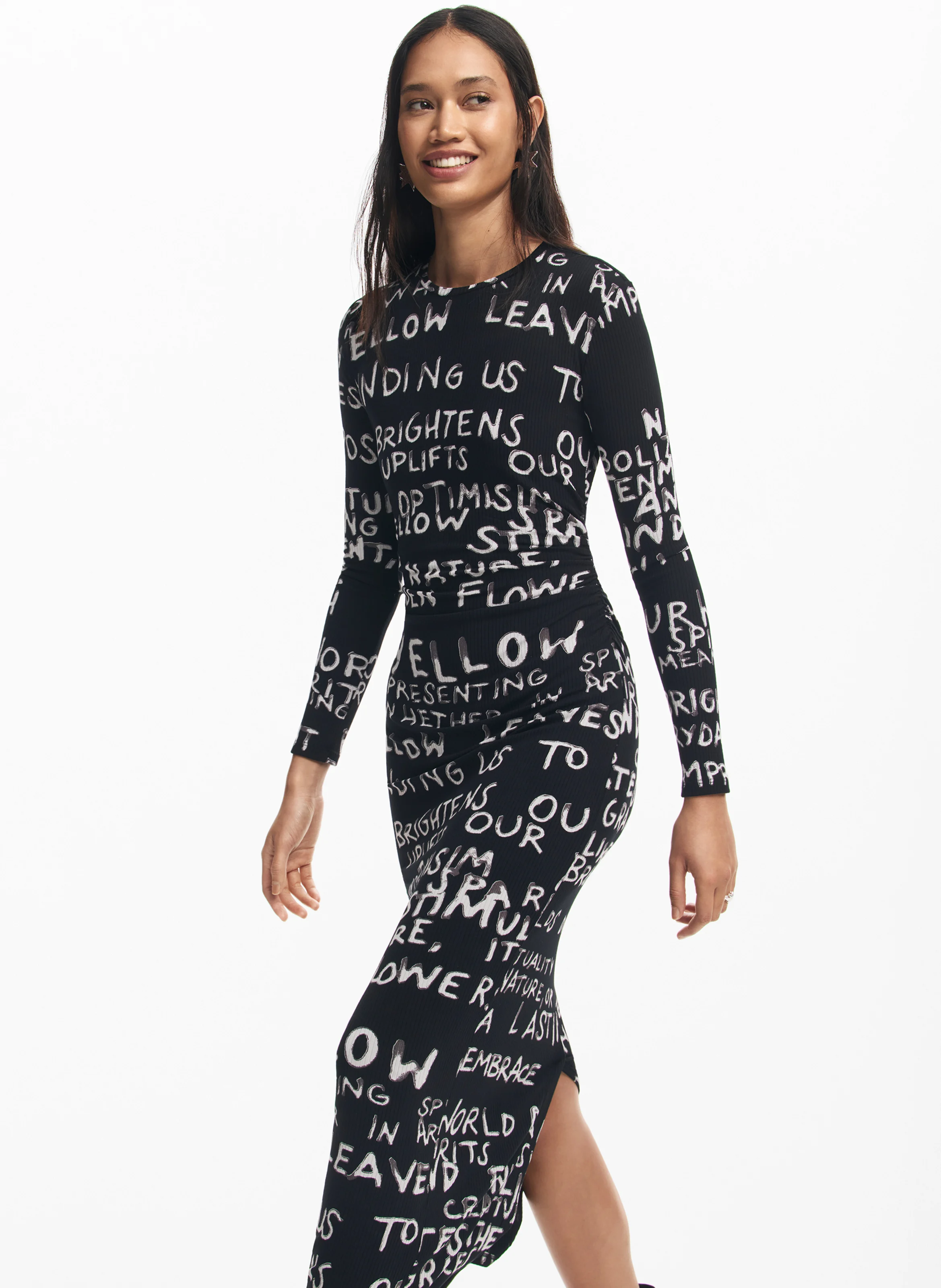 Robe longue col rond imprimée | Noir