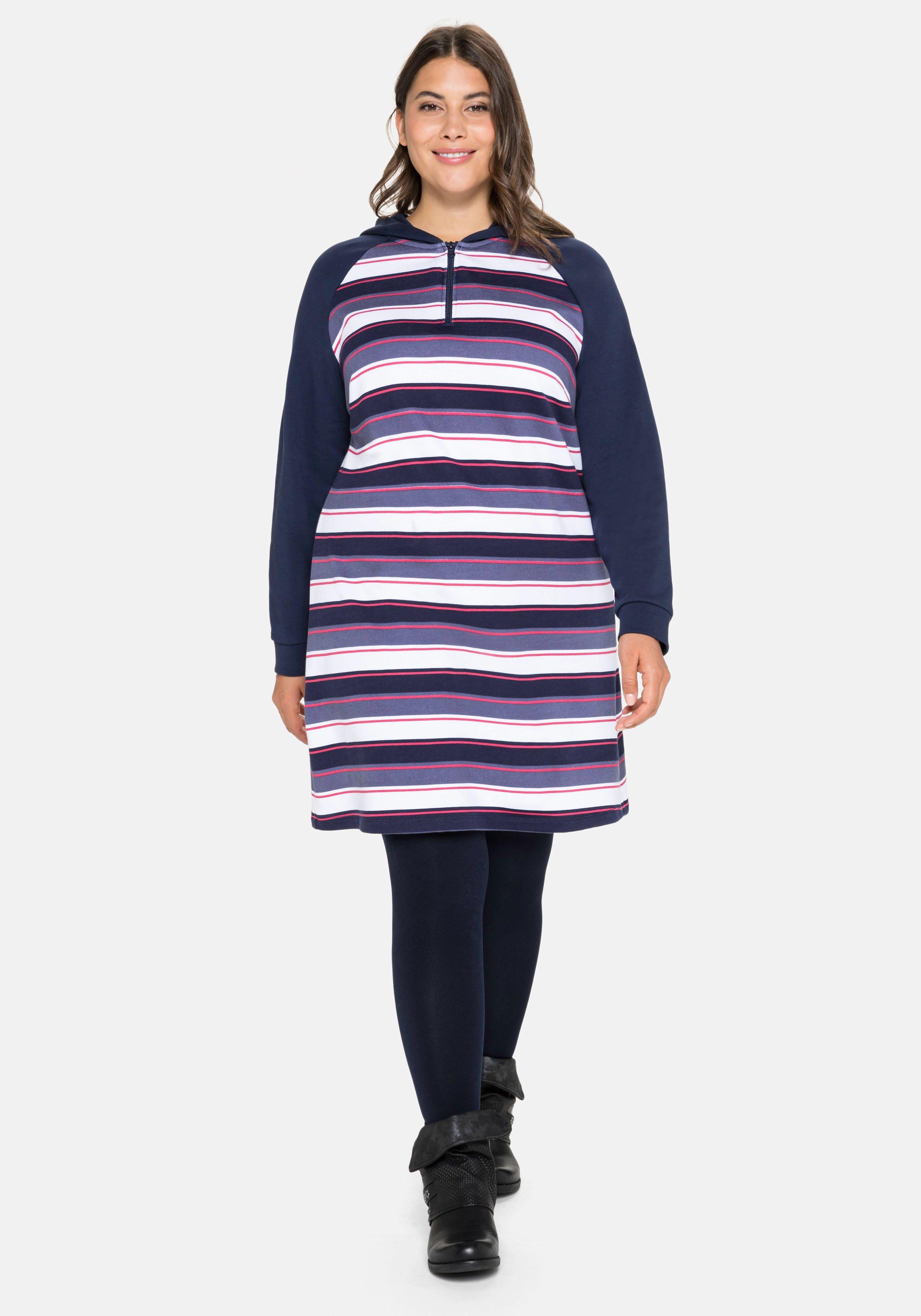 Sweatkleid mit Ringeln, Kapuze und Reißverschluss