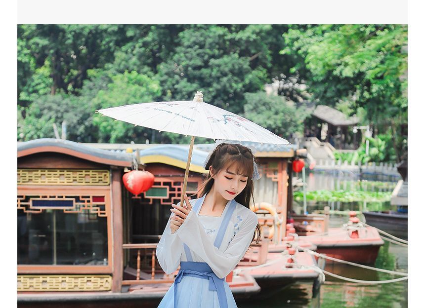 Tangier - Hanfu-top met lange mouwen, tweekleurige bloemenborduursels en strikceintuur / camisole-top / maxi-rok / set