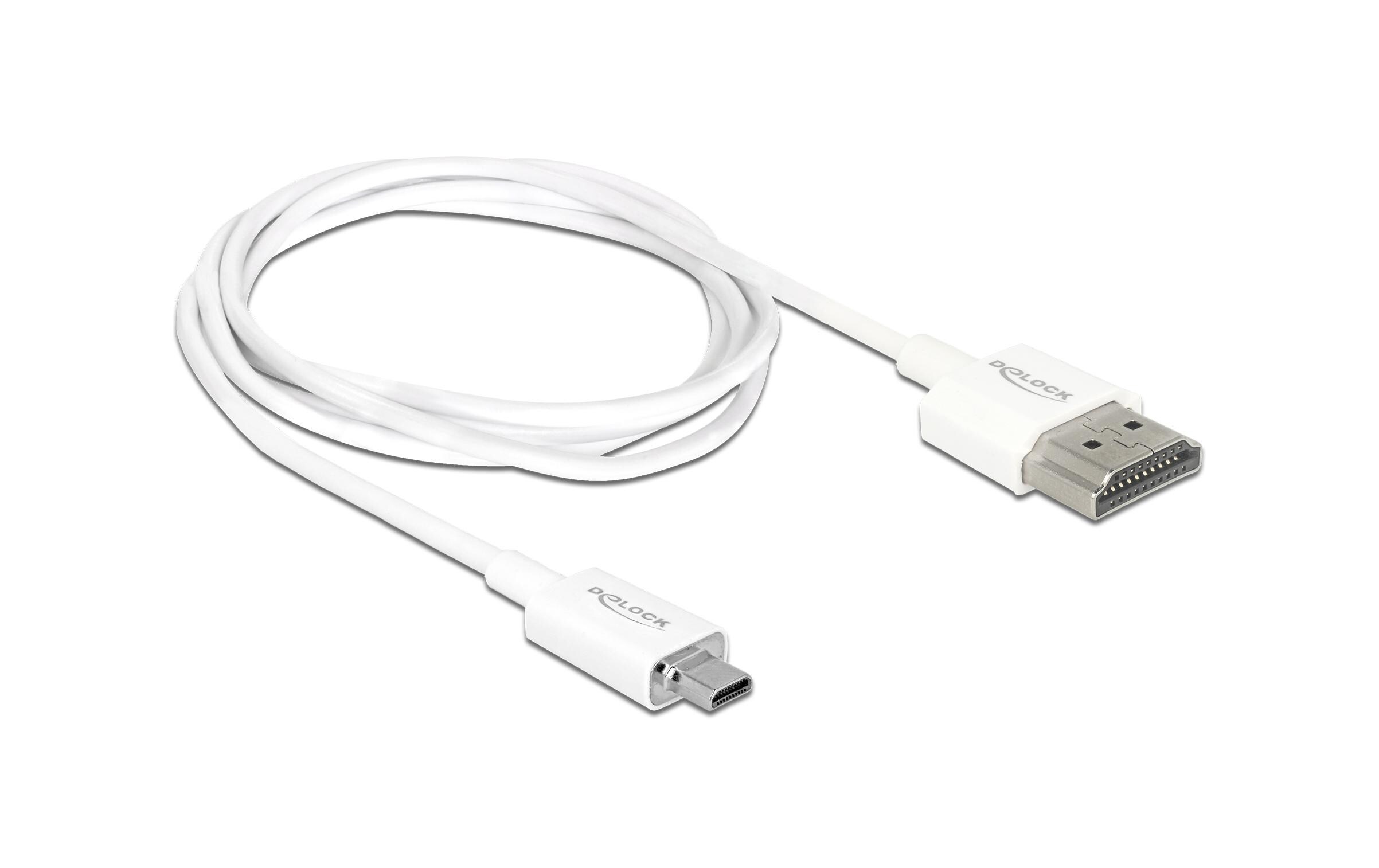 Kabel 4K 60Hz HDMI - Micro-HDMI (HDMI-D), 1 m, WeissDelock Kabel High Speed HDMI mit Ethernet – HDMI-A Stecker > HDMI Micro-D Stecker 3D 4K 1 m Slim High Quality