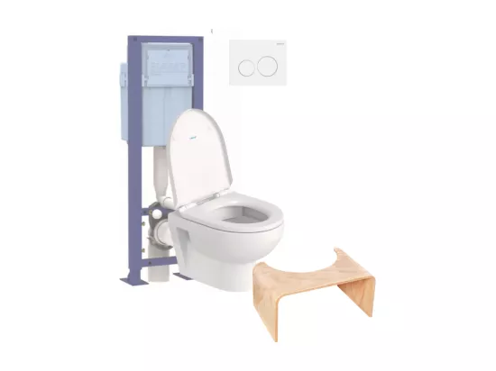 Pack WC suspendu compact sans bride DURAVIT Duravit No.1 abattant frein de chute + bati support SIAMP + Plaque blanche + tabouret