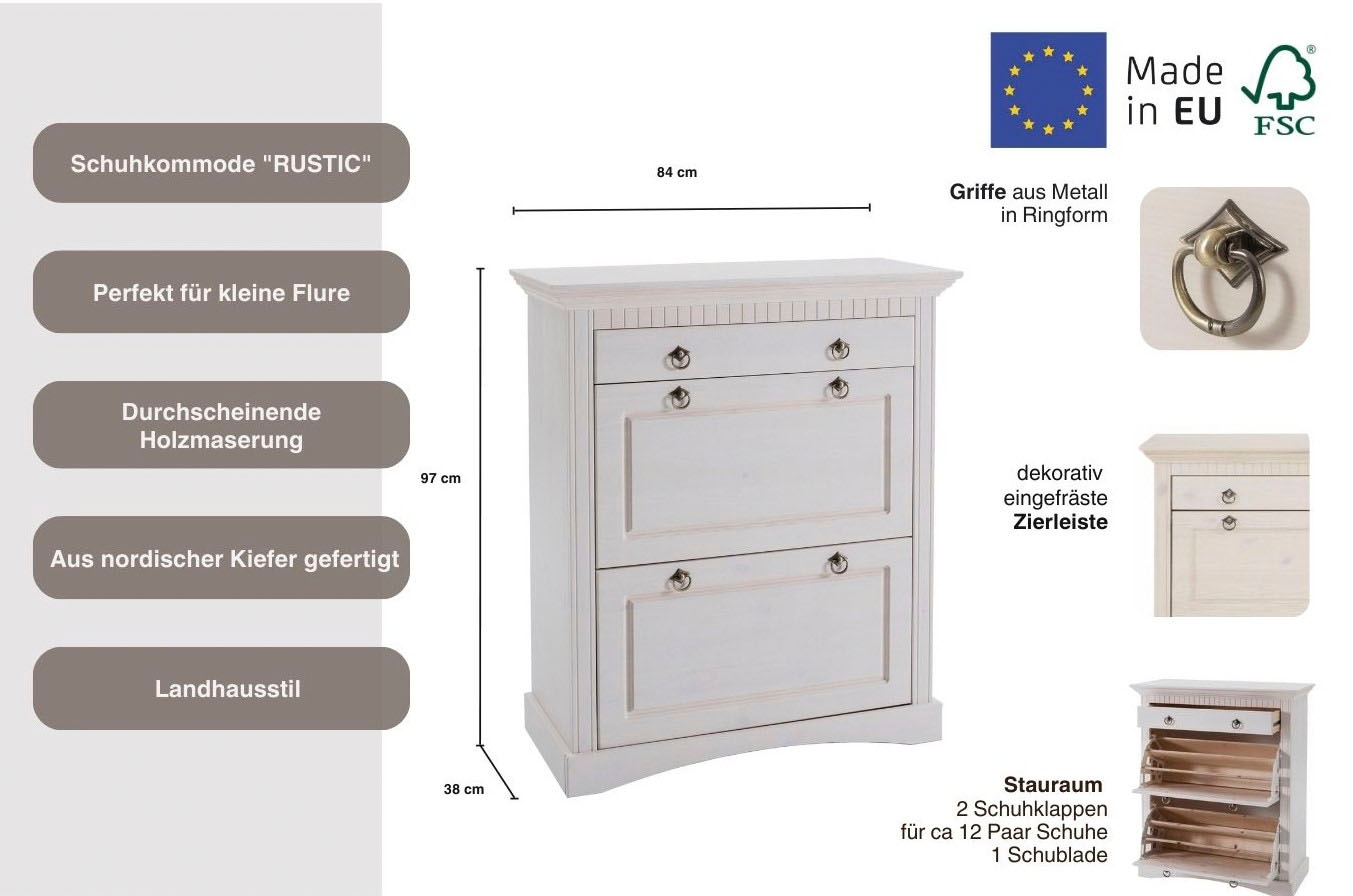 Home affaire Schuhkommode »Rustic« aus massiver Kiefer, Breite 71 cm, Kassettenoptik