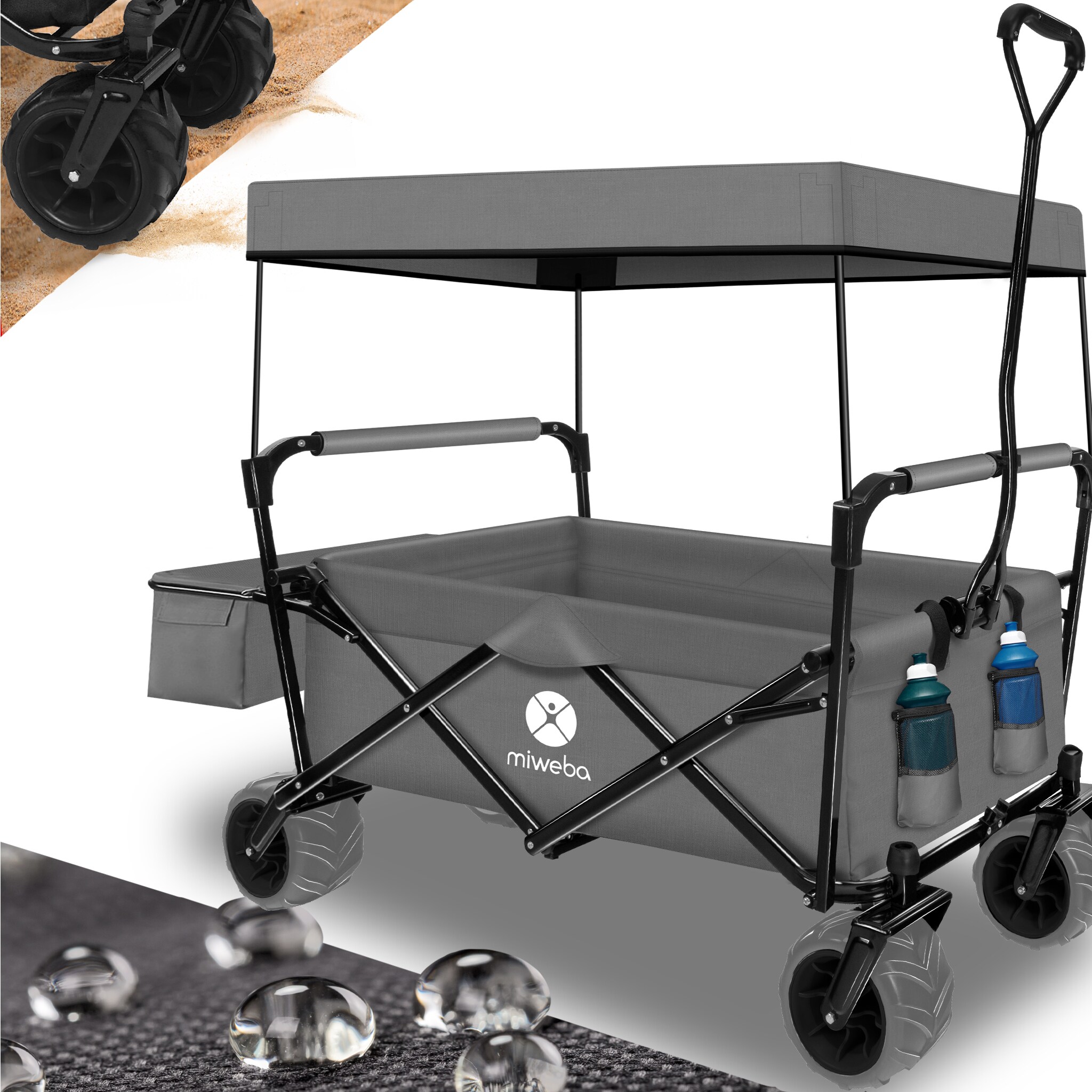 Miweba Bollerwagen MB-10, faltbar, Bremse, abnehmbares Dach, PU-Breitreifen, Transporttasche, 100 kg (Grau)