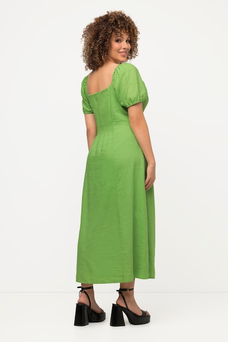 Midikleid, Leinenmix, Smokdetail, Herzausschnitt, Halbarm