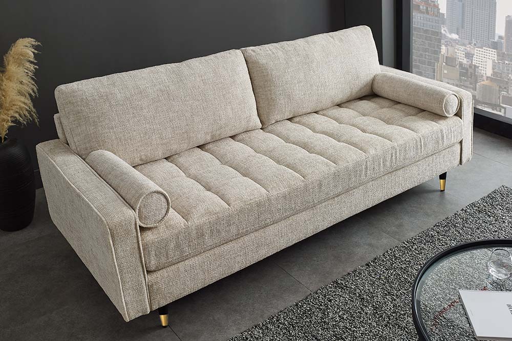 Design Sofa COZY VELVET 220cm beige Chenille Federkern 3-Sitzer mit goldener Kappe