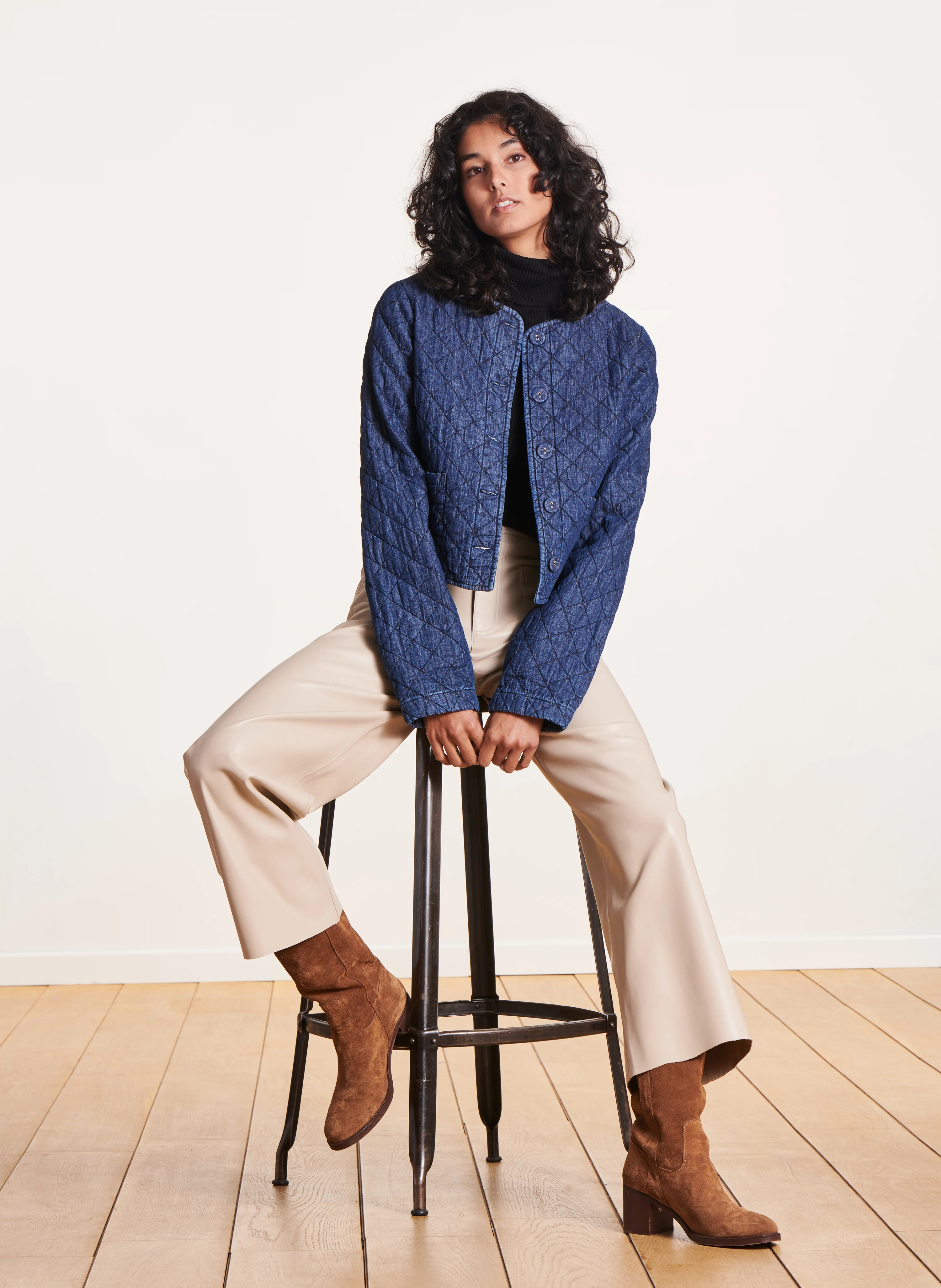 Veste courte matelassée en denim | Bleu