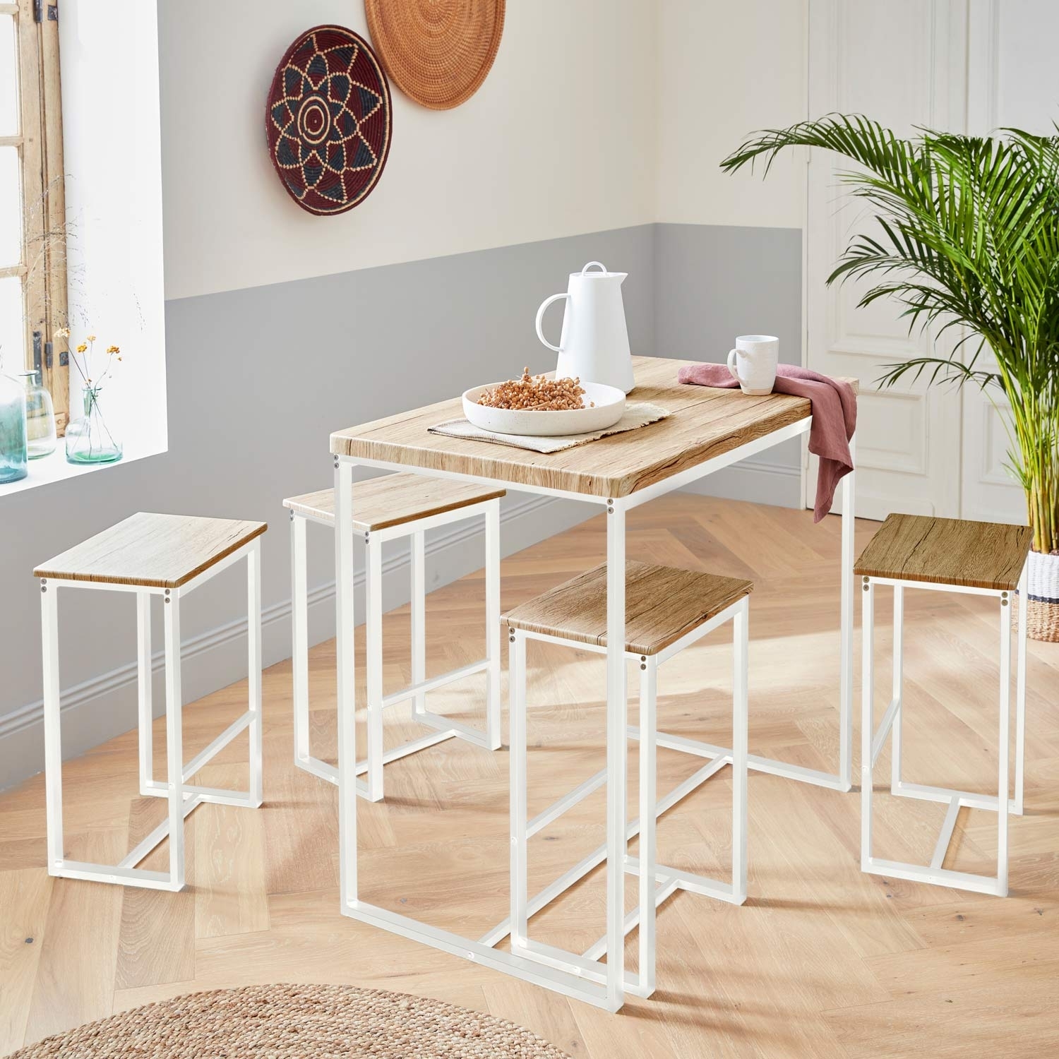Set table haute rectangulaire loft avec 4 tabourets de bar. Acier et décor bois. Encastrable. Design