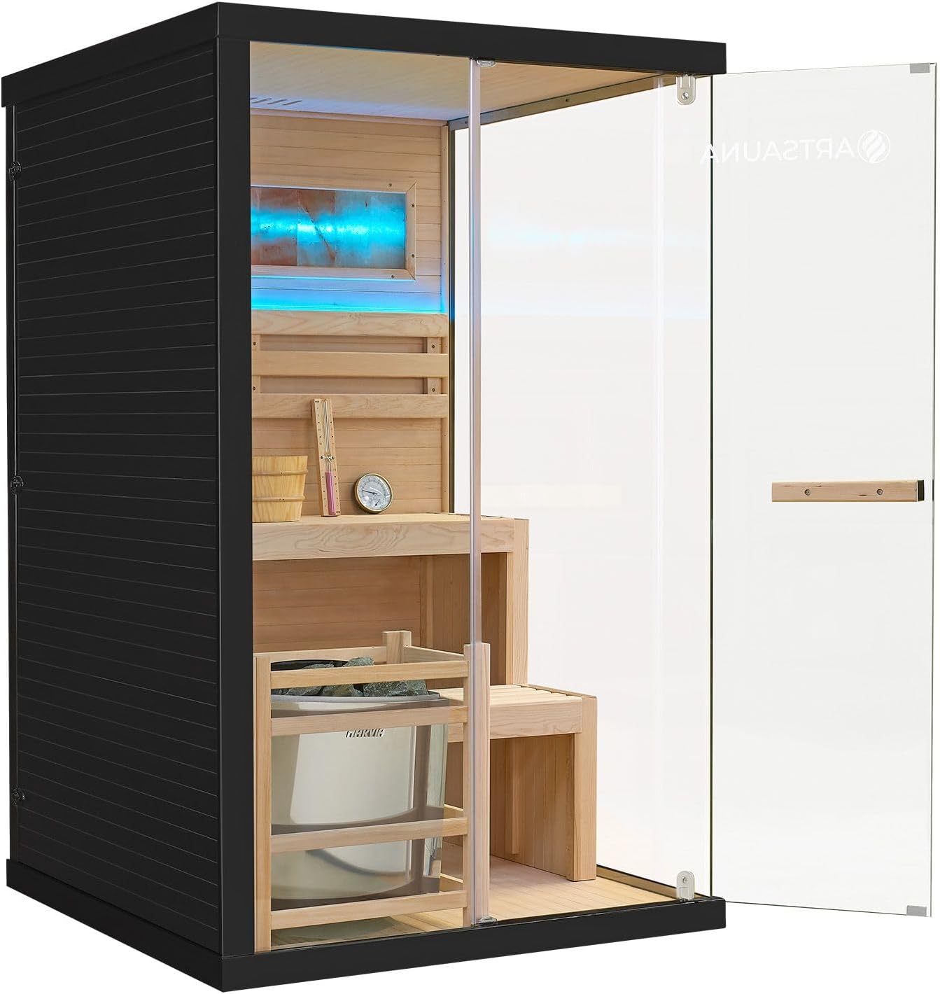 Artsauna Saunakabine Vantaa 120 mit Salzstein - Indoor Sauna 2 Personen - 3,5k W Ofen, Glasfront, LED Licht, Thermometer & Sanduhr - Komplett Set