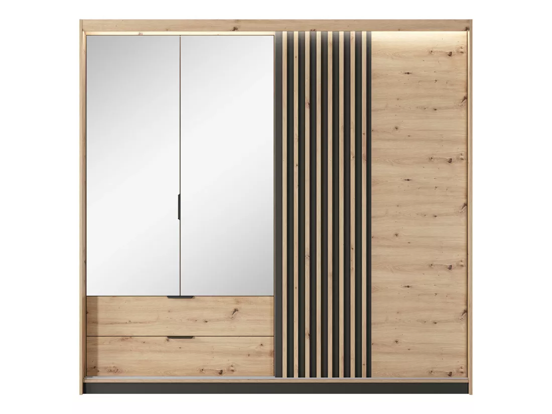 Ensemble lit coffre avec chevets 160 x 200 cm + Matelas + Commode + Armoire - Coloris : Naturel et noir - ARIADA