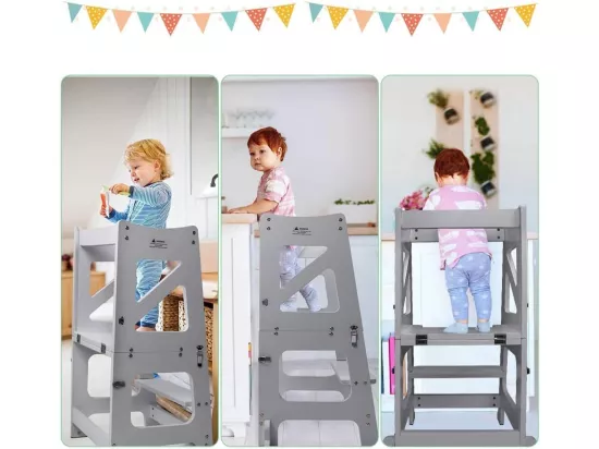 Chaise Haute Bébé 2 en 1,Tour d'apprentissage Pliable en Bois avec Tableau Magnétique Double-Face,Transformable Table et Chaise,Gris