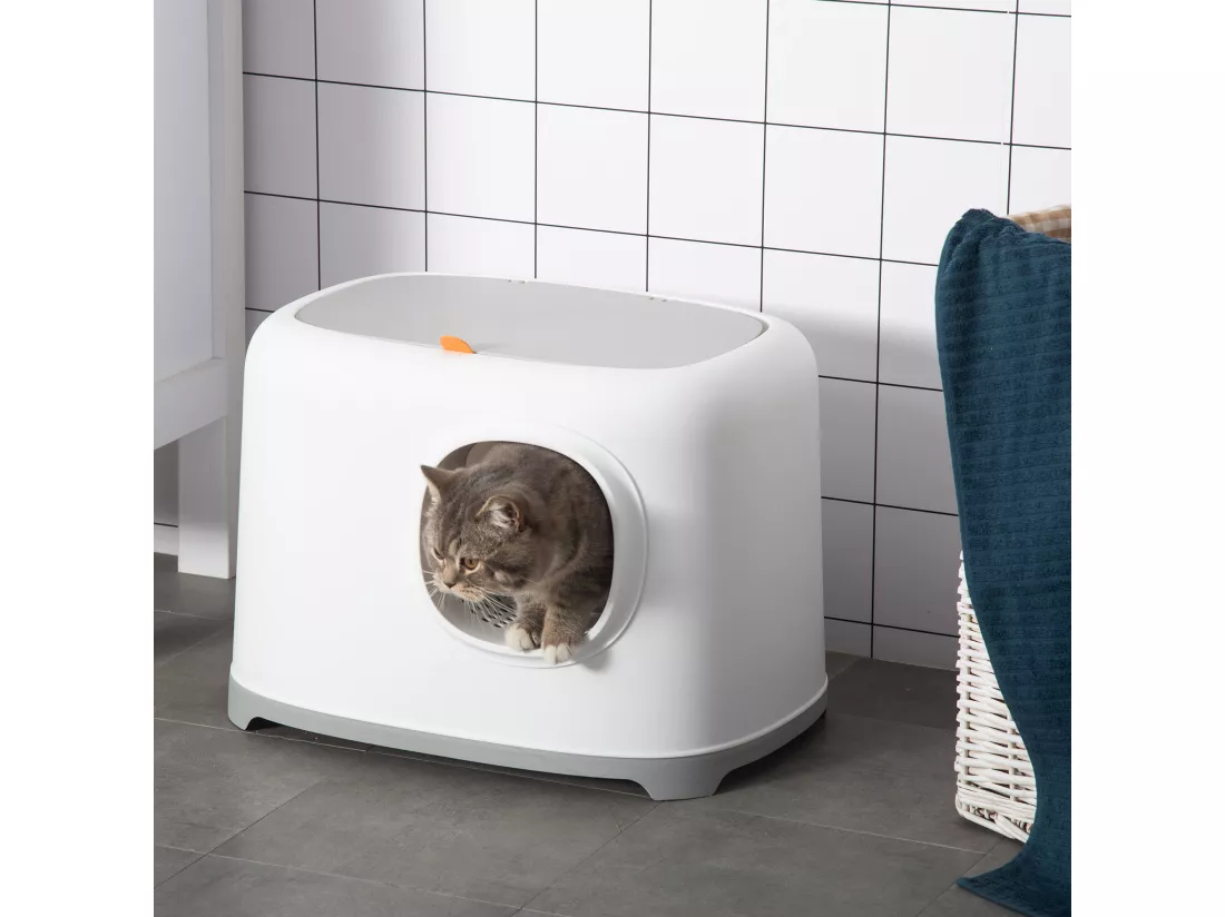 Maison de toilette litière pour chat - porte, couvercle ouvrant - pelle incluse - blanc gris clair