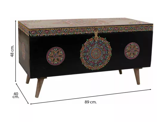 Coffre en bois peint artisanal noir 89x40x48h
