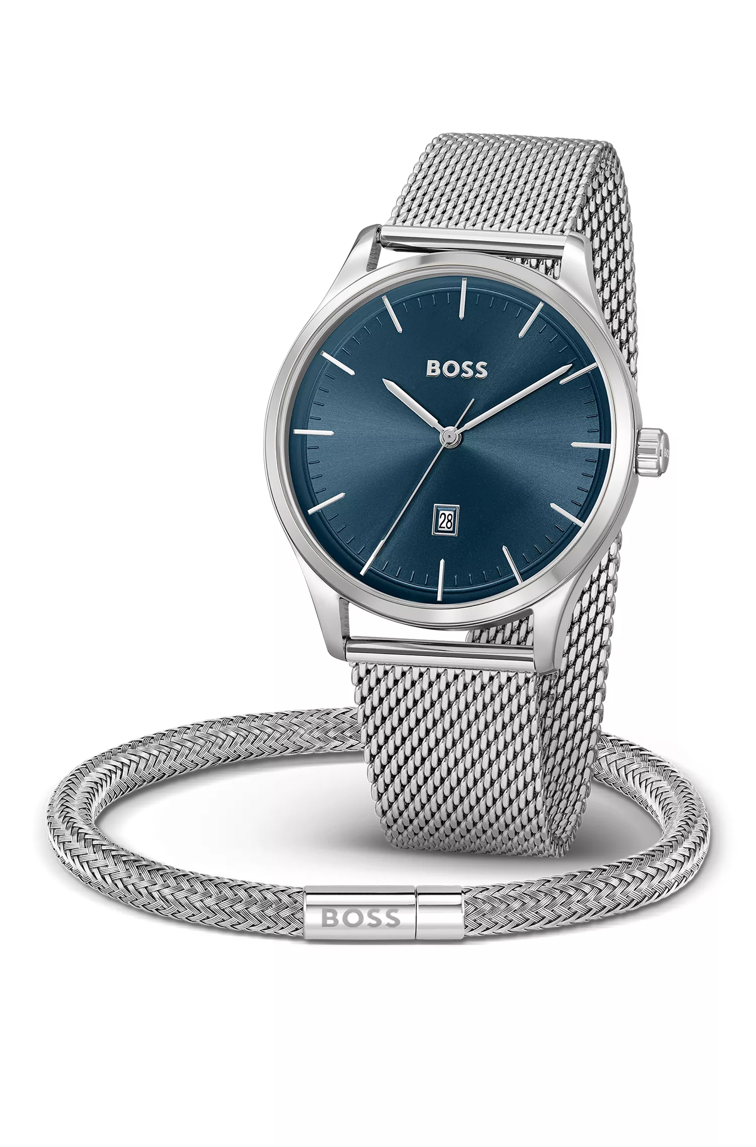 Relógio e pulseira BOSS em aço inoxidável, na cor preta, embalados em caixa de presente.