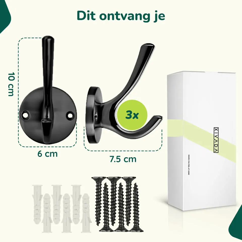 XIVADA Kapstokhaak Zena - Inclusief schroefset - Zwart - Set van 3