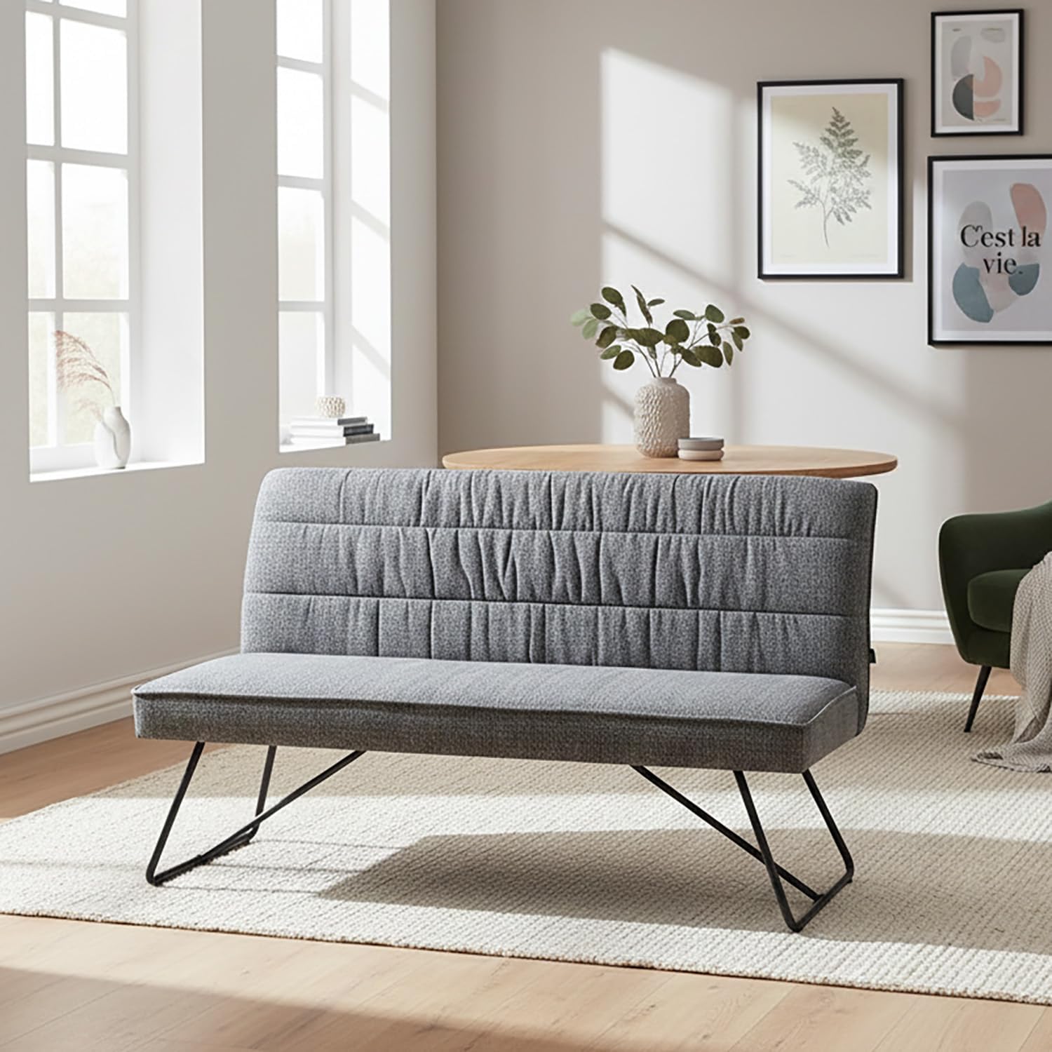 DUBI Möbel Sitzbank Hannah Esszimmerbank 160 cm mit Rückenlehne gepolstert mit Federkern für Esszimmer, Flur, Garderobe mit Metallgestell | modern Design | Grau, 21303-160-RE90
