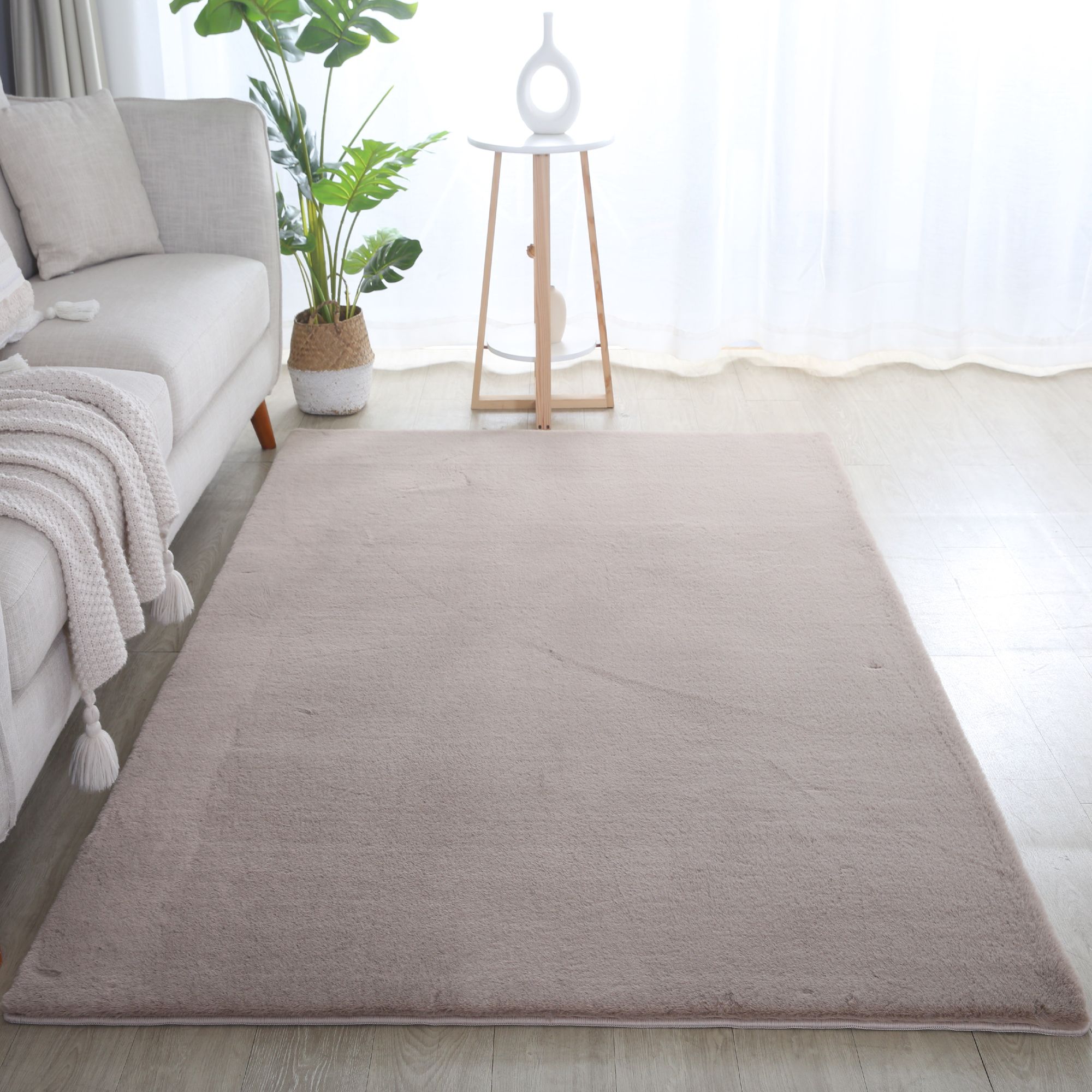 Weicher Hochflor Teppich Wohnzimmer Einfarbig, Felloptik, Flauschig, Rutschfest,