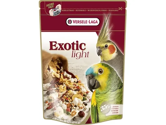 Versele-Laga Parrots Exotic Light Mix 750g, Frø, 750 g, Parrot, Vitamin A, vitamin D3, vitamin E, Protein 14%, fat content 16.50%, crude fiber 13.5%, crude ash 3.5%, calcium 0.20%, phosphorus 0.40%, 750 g