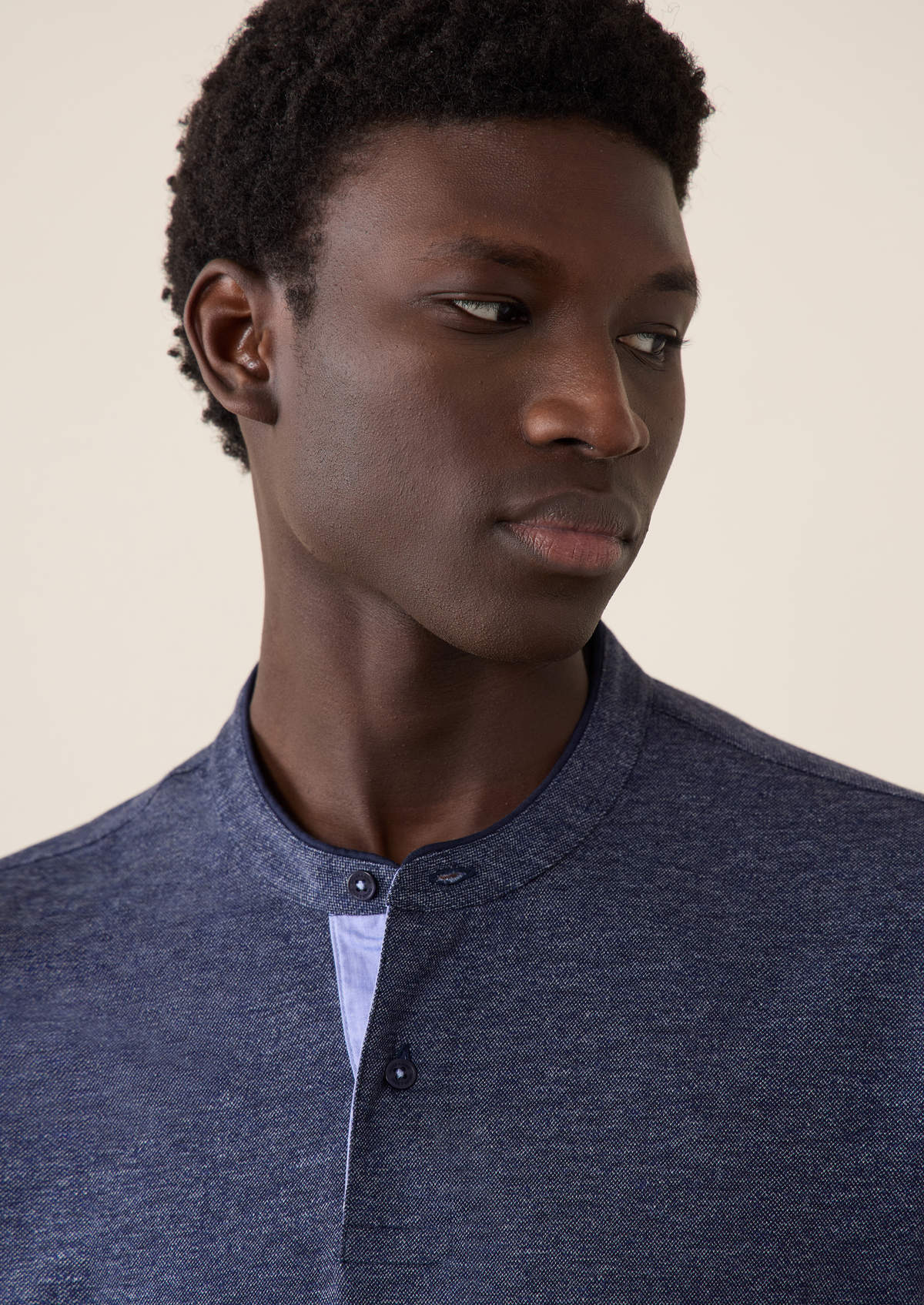 Polo manches longues Slim en coton uni bleu jeans à col officier