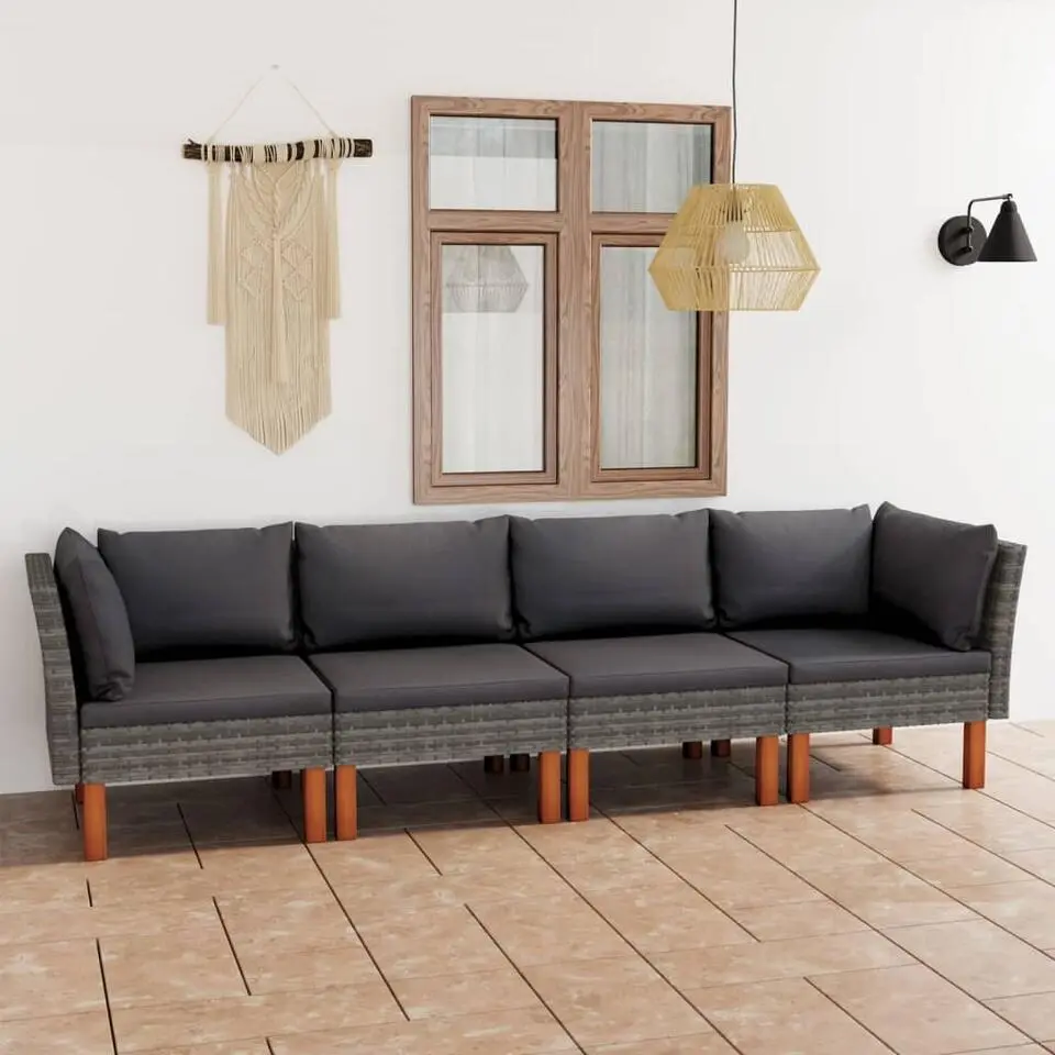 vidaXL - Tuinbank 4-sits - Grijs - Poly rattan -Met kussens